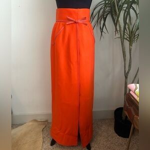 Vintage 1960 Andre Courreges orange wool maxi skirt leather trim high waist maxi